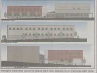 Drawing of several street views of the planned $16.9 million expansion of Lynn Community Health Center