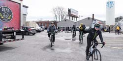 riders on their bikes in the parking lot of Bent Water Brewing getting ready to bike the Lynn portion of Bike to the Sea.