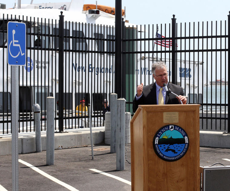 State Sen. Thomas McGee speaks at the reception for the ferry opening at the Blossom Street Extension in Lynn on Friday.