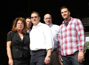 Mary Jane Smalley, project manager for the EDIC; Chris Crawford; Arron Reames; James Cowdell, EDIC executive director; and Mike Shaughnessy stand at the site of what will be a new brewery on Commercial Street in Lynn