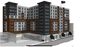 An artist rendering of a 10-story luxury apartment building to be built on Munroe Street in the downtown. (Rendering courtesy of DMS Design)