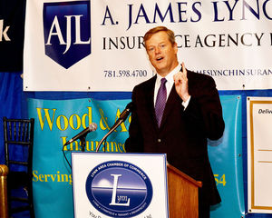 Baker addresses the Lynn Area Chamber of Commerce at Porthole Restaurant in Lynn.